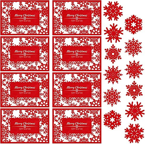 KAHEIGN 12 Pezzi Tovagliette Natalizie con Sottobicchieri, Merry Christmas e Happy New Year Tovagliette da Tavola in Feltro Cavo con Sottobicchieri di Fiocchi di Neve per Natale Festa Decora
