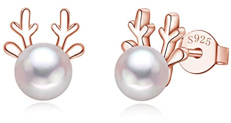 Kamise 925 Sterling Silber Weihnachten Ohrringe Damen, 8.2mm Klein Schlafen Elch Perle Ohrstecker, Rose Gold Weihnachts Ohrstecker für Freundin Tochter