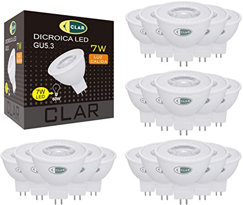 CLAR - GU 5.3 LED, GU 5.3 LED Warmweiß, GU5.3 LED, MR16 LED 12V, LED GU 5.3, LED Halogen Ersatz, 12V LED, LED Spot 12V, LED GU5.3 Warmweiß, LED 12V GU5.3, 12V LED Lampe, 7W 3000ºK (Pack 20)