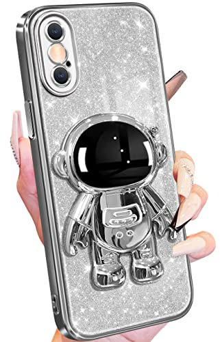 Buleens for iPhone Xs Max Case Astronaut, Clear Cases for iPhone Xs Max with Glitter Paper & Spaceman Stand, Women Girls Cute Electroplated Sparkly Space Phone Cover for XS Max Silver
