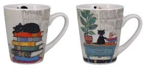 KIUB Set de 2 mini tasses - chat dormant sur des livres et chat assis à son bureau - porcelaine fine et hauteur 7,5CM - boite assortie