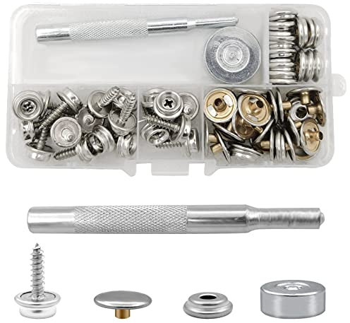 TARKDAK Druckknöpfe Schrauben 60 Sets Druckknopfzange Set Metallknöpfe, Planenschrauben, Leinwand Druckknopf Schraube Edelstahl mit 2 Fixierwerkzeug für Planen, Schiffe, Möbel, Segeltuch, Autozelte