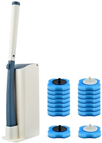OTYMIOW Escobilla Desechable con Soporte Inodoro Kit de Escobillas de Inodoro + 16 Cabezales de Recambio para Inodoro Soporte para Escobilla de Inodoro Cabezal de Esponja Limpiar la Taza del Inodoro
