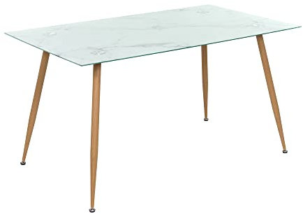 MOG CASA Mesa de Comedor Fija Rectangular Beale | 140 x 80 x 75 cm | Ideal para Cocina o Salón | Materiales Resistentes | Tablero con Efecto Mármol Blanco | Patas de Metal en Imitación Madera
