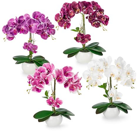 PASCH® 4er Set Orchideen künstlich in Hochglanz-Keramiktöpfen (40cm) | Kunstblumen im Topf | Kunstblumen wie echt | künstliche Orchideen im Topf | künstliche Blumen im Topf | Kunstblume Orchidee