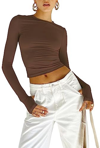 Geagodelia Women's Crop Tops Long Sleeve Skin Tight Fitting Crew Neck T-Shirt Stretch Slim Fit Basic Y2K Aesthetic Clothes Going Out Tops (B 01- Thumb Hole Brown, M)