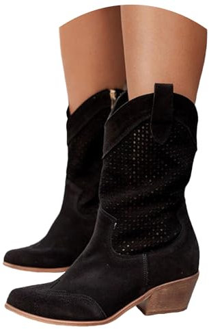 tinetill Stivali Donna Stivaletti classici in pelle scamosciata Stivali a punta con tacco basso Stivali medi in pelle scamosciata traforata Donna Autunno Inverno Scarpe Stivali lunghi