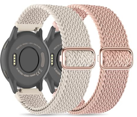 Folavii 18mm Braided Stretchy Nylon Watch Bands Compatible with Garmin Venu 2S/Venu 3S/Vivoactive 4S/Vivomove 3S/Forerunner 255S/Forerunner 265S, Quick Release Elastic Strap for Women Men (2 Pack),