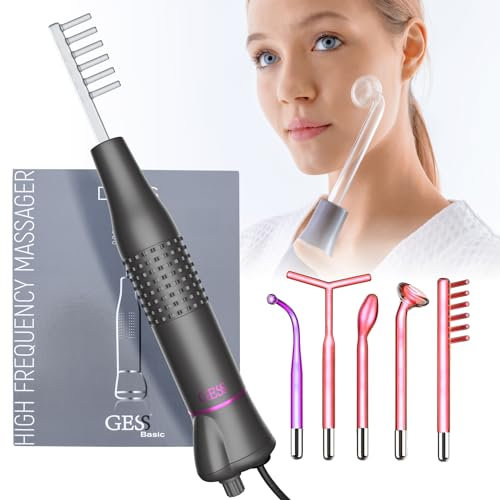 GESS Darsonval 5 in 1 - Asta ad alta frequenza per Capelli e Viso, Gas Argon e Gas Neon, Rimozione dell'Acne, Prevenzione della caduta dei capelli, Rafforzamento della pelle, High Frequency Wand