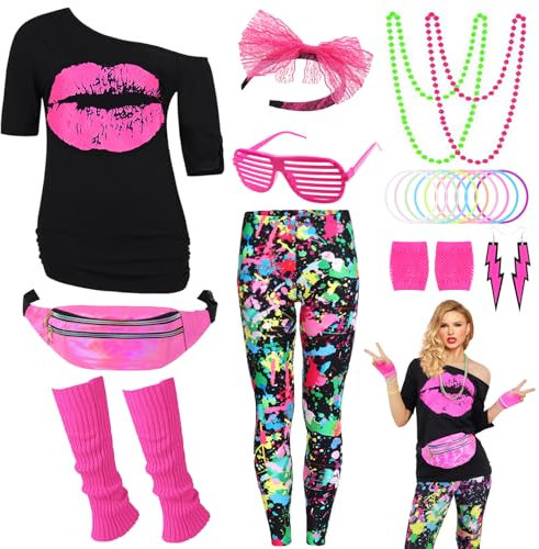 80er Jahre Outfit Damen 80 er Jahre Fasching Kostüm Zubehör Rosa Set mit Bauchtasche Haarband Ohrring Netzhandschuhe Gläser Armband Halskette Leggings Neon Kleidung Bad Taste Outfit Damen VL016XXXL