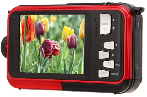 Fotocamera Subacquea, Fotocamera Digitale Impermeabile da 2,7K 48MP 10 Piedi, Zoom Digitale 16X, Fotocamera Subacquea Selfie a Doppio Schermo per lo Snorkeling (rosso)