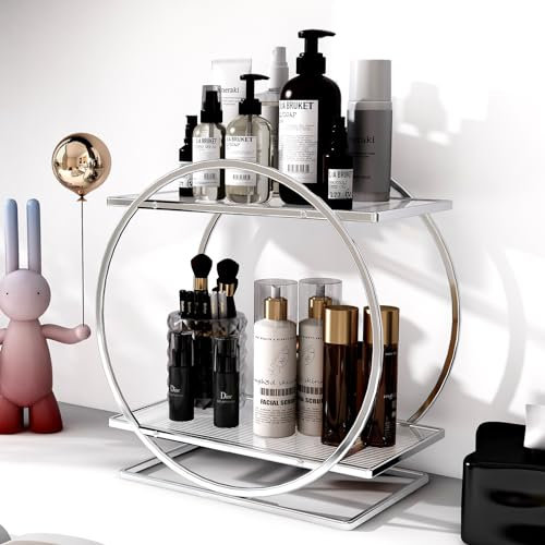 Treesunshine Makeup Organizer, 2 Stöckiger Kosmetik Aufbewahrungskorb, Parfüm Organizer, Skincare Organizer, Badezimmer Organizer für Kommode, Schlafzimmer, Wohnzimmer (Silber)