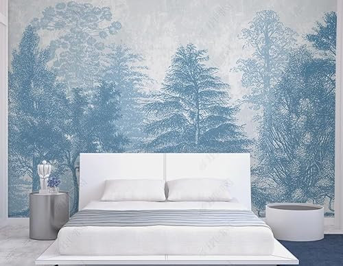 Papier Peint Intissé Bleu Forêt Dessiné À La Main 300Cm(W)*210Cm(H) Tableaux Muraux Tapisserie Photo Décoration Murale Salon Chambre