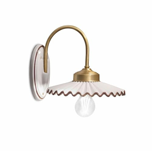 Licht-Erlebnisse Wandleuchte Keramik Lampenschirm E27 B: 23 cm in Weiß Braun Messing matt Landhausstil Wandlampe Küche Wohnzimmer Flur