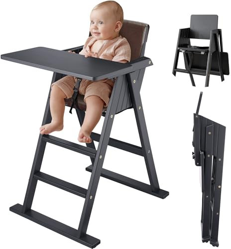 VILHA Klapp-Treppenhochstuhl, Baby Hochstuhl aus massivem Holz mit Sitzkissen, Holz Essbrett und Schutzbügel, 3-Punkt-Gurt und Schrittgurt, Highchair ab 6 Monaten, Platzsparend Kinderstuhl