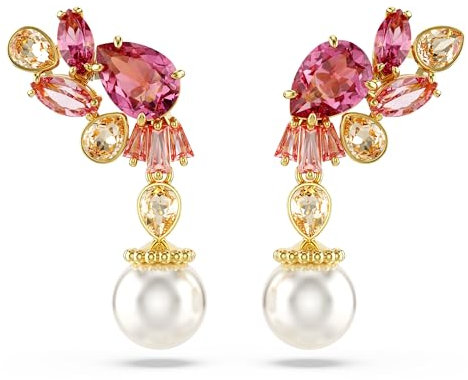 Swarovski Gema Ohrhänger in Blumenform, vergoldet, gemischte Schliffe, Kristall-Perlen, Rosa, 3 cm x 1.7 cm, Kristall Zirkonia, Zirkonia