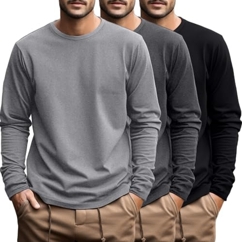 Ficerd 3 Pack Mens Big and Tall Cotton Knit Long Sleeve Shirts | Crew Neck Oversized Tees, Loose Fit Plus Size Undershirts, Soft Basic Casual Clothes for Comfortable Daily and Lounge Wear