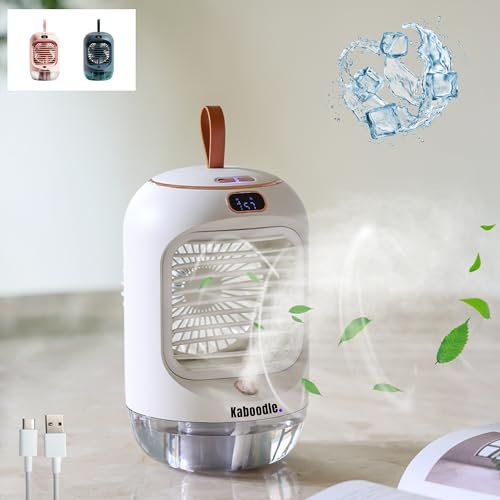 Portable Evaporative Air Cooler Fan, Humidifier Aqua-Cooling Mist Technology, 3 Speed Personal Mini Air Conditioner, Rechargeable Unit with Night Light, Ice Fan for Office, Car, Bedroom, Desk, Camping