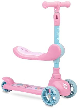 MoMi 3-Rad-Kinderroller KIURU 2-in-1, 3-stufig höhenverstellbarer Lenker 59-71 cm, klappbar, Scooter mit abnehmbarem Sattel, LED-Leuchträder mit ABEC-7 Kugellagern, nur 2,8 kg