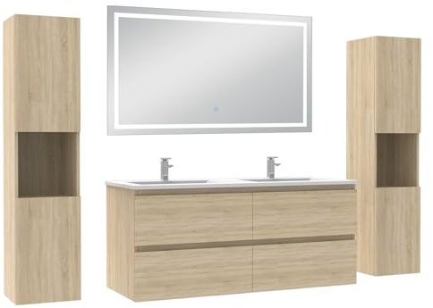 AICA Ensemble Meuble Double Vasque 120cm Salle de Bain + 2 Colonne et Miroir