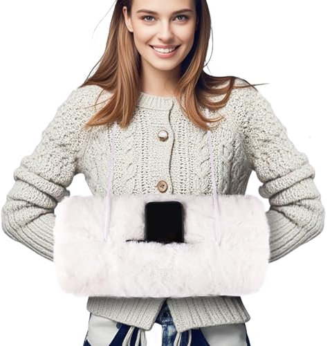 Winmany Manchons d'hiver en fausse fourrure pour femme avec poche extérieure pour téléphone, clés, pièces de monnaie, petits objets, blanc, taille unique