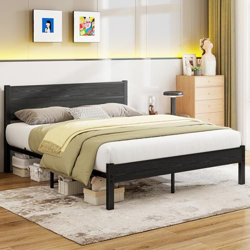 DUMEE King Size Bed Frame with Wooden Headboard Bed Frames King Size Under Bed Storage, No Box Spring Needed, Enhanced Support (Black Oak)