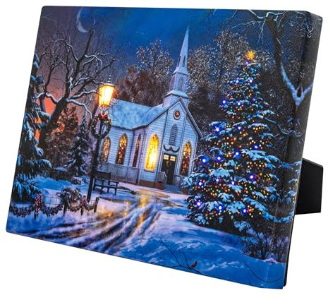 Kleine LED-Wand-Leinwandkunst, beleuchtete Tischmalerei, Weihnachts-Kirche, Winter-Szene, Leinwandbilder mit Timer, religiöser Weihnachts-Leinwanddruck mit flackernden Glasfaser-Lichtern, betrieben