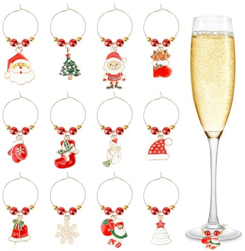 SRIZIAN 12Pcs Christmas Wine Glass Charms, Christmas Tree Snowflake Snowman Style Wine Glass Markers Wine Glass Identification Tags for Stem Glasses Party Decorations