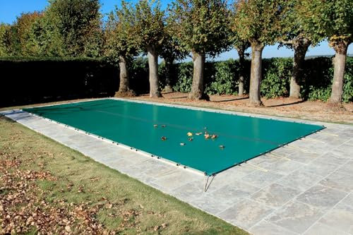 Telo invernale verde 7,70 x 4,70 m per piscina max 7 x 4 m con griglia centrale di evacuazione, fabbricazione francese, 550 g/m², fornito con sandows Cabiclic + Pitons Crosse