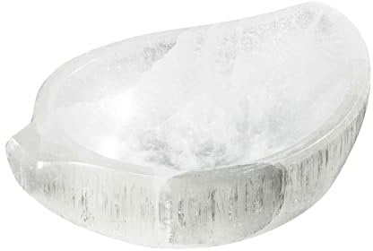 NKlaus Cuenco de selenita con hoja de 10 x 7 x 2 cm – Hecho a mano, pulida para limpiar y cargar joyas y piedras preciosas, ideal para decoración y meditación