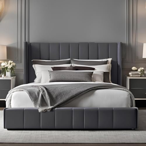 Furnishion Upholstered Panel Double Bed Frame - Steel Plush Velvet Bed Frame with 48inch High Headboard - Mattress not Included - Wooden Slat Support