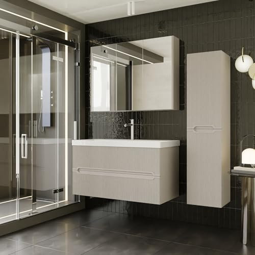 Badmöbel Set Bella 100 | Keramikwaschbecken | Unterschrank | Spiegelschrank | Softclose-Schubladen & -Türen | Riffeloptik & Griffmulden | Eleganter Stil | Badmöbel | Waschtisch mit Unterschrank 100 cm