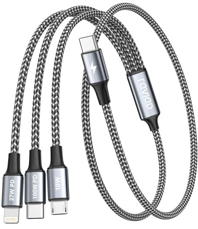 RAVIAD Câble de charge 3 en 1 avec puce E-Mark 100 W USB C vers USB C [100 W] + Micro [10 W] + Lightning [27 W] pour iPhone 15/14, Galaxy S24/S23, MacBook Pro, Pad