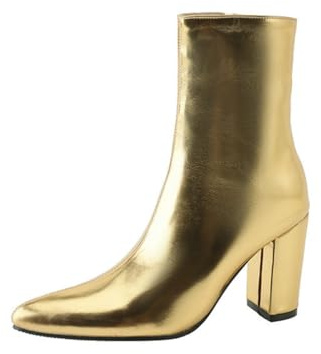FQMAYPO Donna Stivaletti alla Moda Punta Appuntita Stivali Invernali Cerniera Laterale Chelsea Metallici Tacco Blocco Spesso Polpaccio Eleganti in Pelle Stivali Biker Tacco Alto