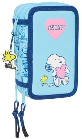 SNOOPY LOVE - Trousse scolaire avec 37 outils inclus, trousse pour enfant, idéale pour les enfants de 5 à 14 ans, confortable et polyvalente, qualité et résistance, 12,5 x 5,5 x 19,5 cm, bleu clair,