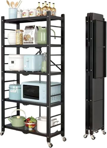 WUDLEP 5-Regal faltbar Lagerung Regale mit Rädern, Upgraded Heavy Duty Metall Regal, große Kapazität Regaleinheit, Rolling Regal Keine Montage für Küche, Garage und Wäsche Badezimmer