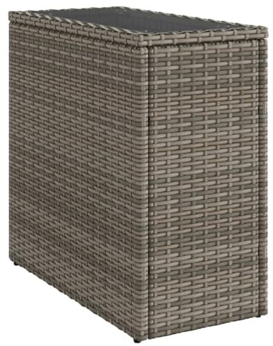 Myheimly Garten-Beistelltisch mit Glasplatte, Couchtisch Kaffeetisch für Terrasse Garten, Tisch Balkontisch Gartenmöbel, Grau 58x27,5x55 cm Rattan