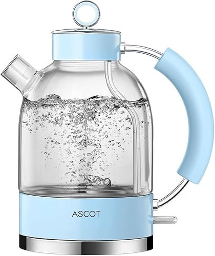 ASCOT Electric Kettle, Glass Electric Tea Kettle, Gift for Man/Women/Family, 1.5L Glass Tea Heater & Hot Water Boiler, BPA-Free, Auto Shut-Off and Boil-Dry Protection (Blue)