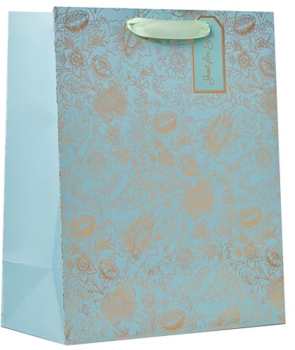 Design By Violet Fresh Blooms Foiled Large Gift Bag – Luxury Light Blue Paper Bag with Gold Foil Floral Design & Ribbon Handles – Elegant Gift Wrapping for Birthdays, Weddings & Special Occasions