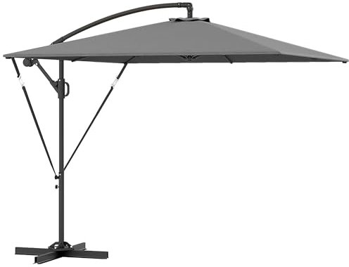 Outsunny Ombrellone Decentrato 2.5x2.5 m con Copertura, Corde Antivento, Base a Croce e Manovella, Ombrellone da Giardino Inclinabile e Girevole a 360° in Metallo e Poliestere 180 g/㎡, UV50+, Grigio
