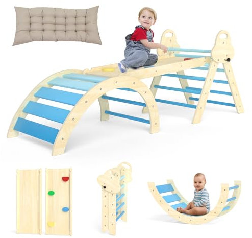 Puecrof 7-in-1 Montessori Kletterdreieck mit Kissen – Holz Kletterspielzeug für Kleinkinder 1-3 Jahre – Indoor Kletterbogen mit Rutsche, Leiter & Spielbogen (Blue)