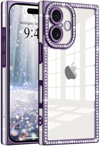 ROSEHUI Clear Glitter Phone Case for iPhone 16, Purple | Sparkly Rhinestones Soft TPU, Plating Rectangle Bumper, Camera Protection, Cute Transparent Shockproof Cover for Women Girls