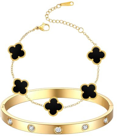2 PCS 18K Vergoldet Vierblättriges Kleeblatt Armband,Armreif Gold Damen 18k Gold plattiert Edelstahl Armreif,armbänder gold,für Geschenke Geburtstags