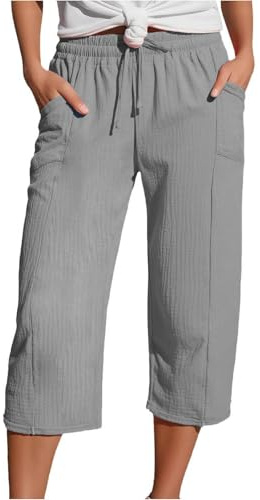 Yolimok Womens Cropped Trousers Elasticated High Waist Relax Fit Cotton Linen Ladies 3/4 Length Straight Wide Leg Trousers Casual Everyday Soft Lightweight Plain Three Quarter Pants