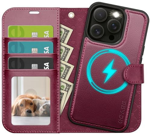 OCASE for iPhone 15 Pro Case, Detachable 2 in 1 PU Leather Wallet, Burgundy | Card Holders, Wireless Charging, RFID Blocking, Kickstand, Shockproof Flip Folio Phone Cover
