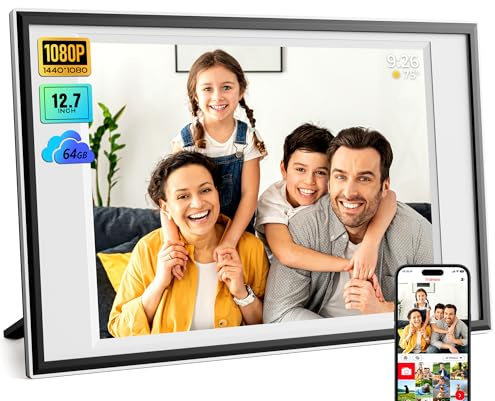 Frameo Digitaler Bilderrahmen 12,7 Zoll 64GB 1440x1080P IPS Touch Elektronischer Fotorahmen Automatische Tischdrehung & Wandhalterung, USB & SD-Karte, Foto-/Video-Sharing