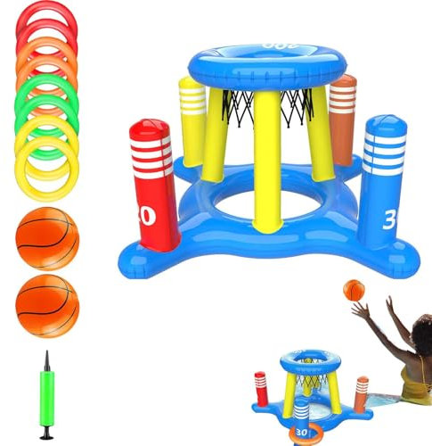 Panier De Basket pour Piscine - But De Piscine Gonflable, Jeu De Volley-Ball | Jeu Aquatique 2 en 1 avec 8 Anneaux De Lancer, Activité Ludique Au Bord De La Piscine pour Et Adultes, Jeux D'été