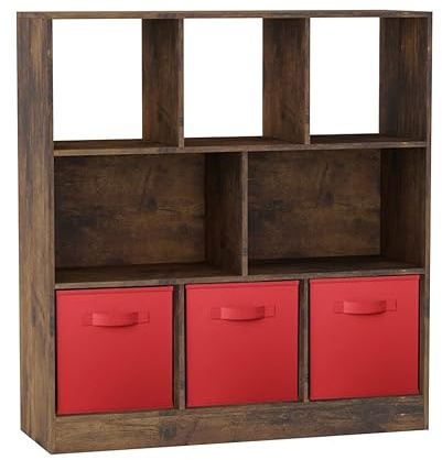 URBNLIVING Rustic Brown 8-Cube Asymmetrical Bookcase with 3 Drawer Inserts – Wood Storage Unit and Shelving Organizer- Red