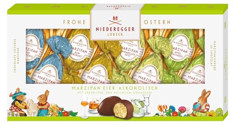 Niederegger | Marzipan Eier | Alkoholische Variation | 1x 100g | Sorten Gin Tonic, Rum-Krokant, Mirabellengeist & Apfel-Calvados | Umhüllt von Zartbitter- und Vollmilch-Schokolade | Ostergeschenk