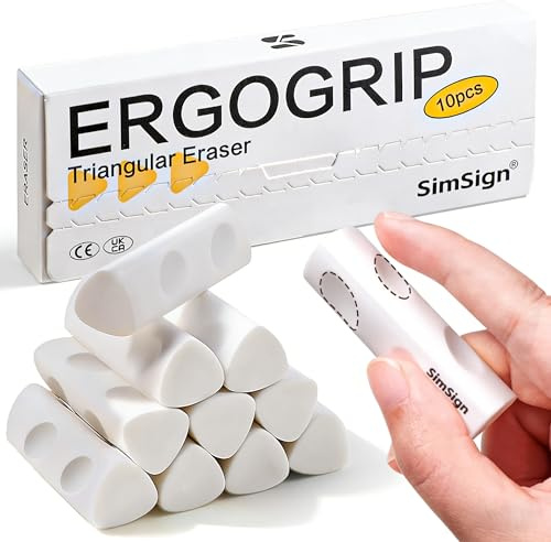 SimSign Ergonomische Dreikant Radiergummi 10 Stück Weiß, Radierer mit Rutschfeste Griffmulden, Sauberes Radieren mit Wenig Abrieb, für Kinder, Schule & Büro